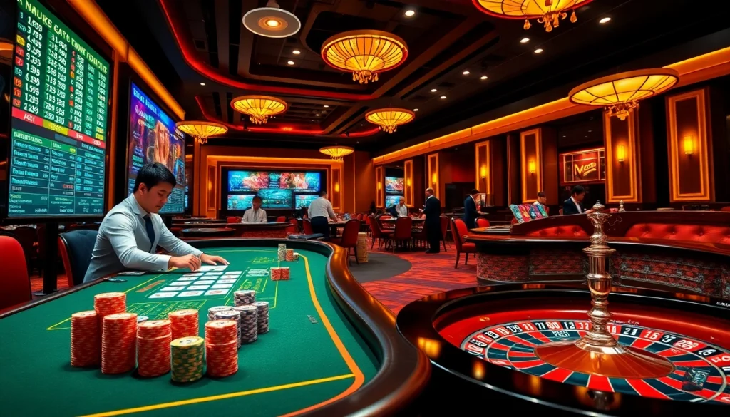 Players enjoying the excitement of online gambling at https://go99pa.com with colorful poker chips and a roulette wheel.