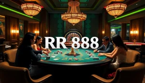 Players strategizing at the RR888 poker table in an elegant casino setting, showcasing vibrant chips and cards.