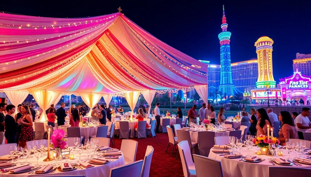Las Vegas Party Rentals showcasing a vibrant outdoor event setup with elegant tables and festive decorations.