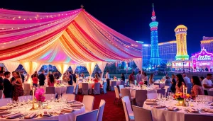 Las Vegas Party Rentals showcasing a vibrant outdoor event setup with elegant tables and festive decorations.