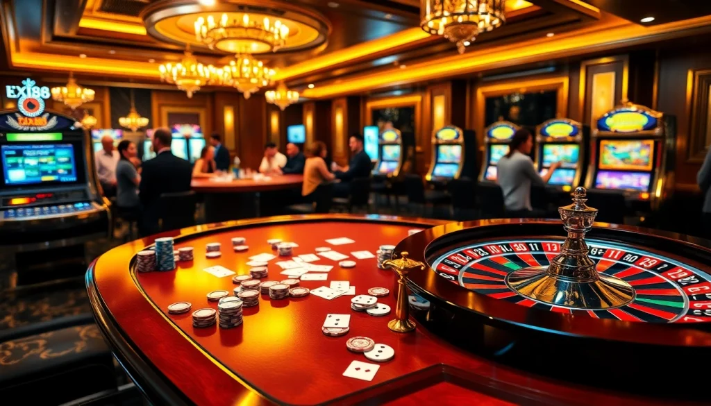 Engage with thrilling games at https://xx88.nl/ in luxury casino settings, showcasing poker, roulette, and vibrant slot machines.