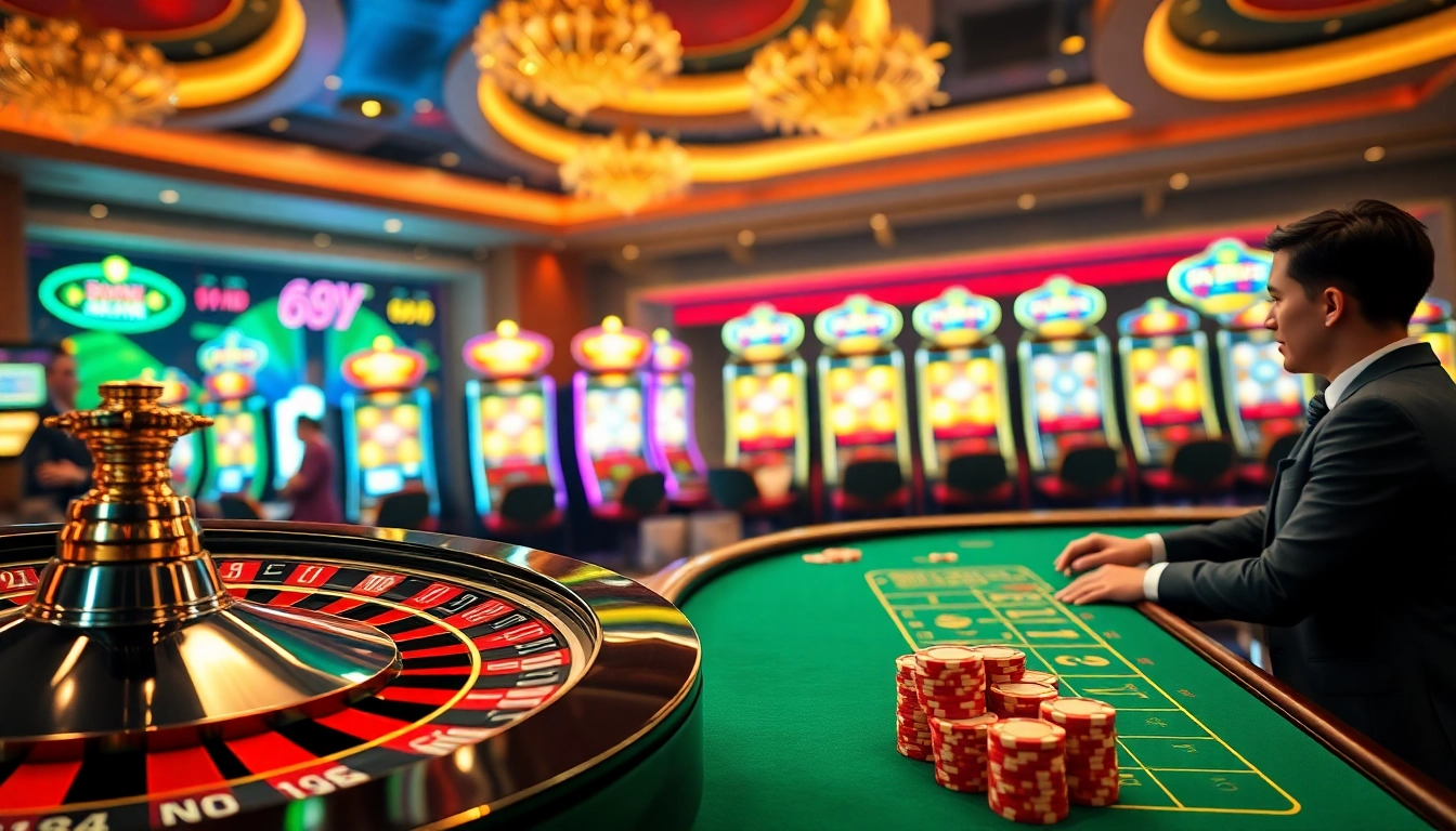 Experience the excitement of gambling with 69vn.gb.net's vibrant casino scene featuring roulette and poker.