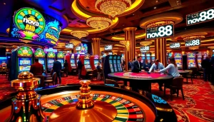 Players enjoying the excitement of nova88 at a vibrant casino with slot machines and a roulette wheel.