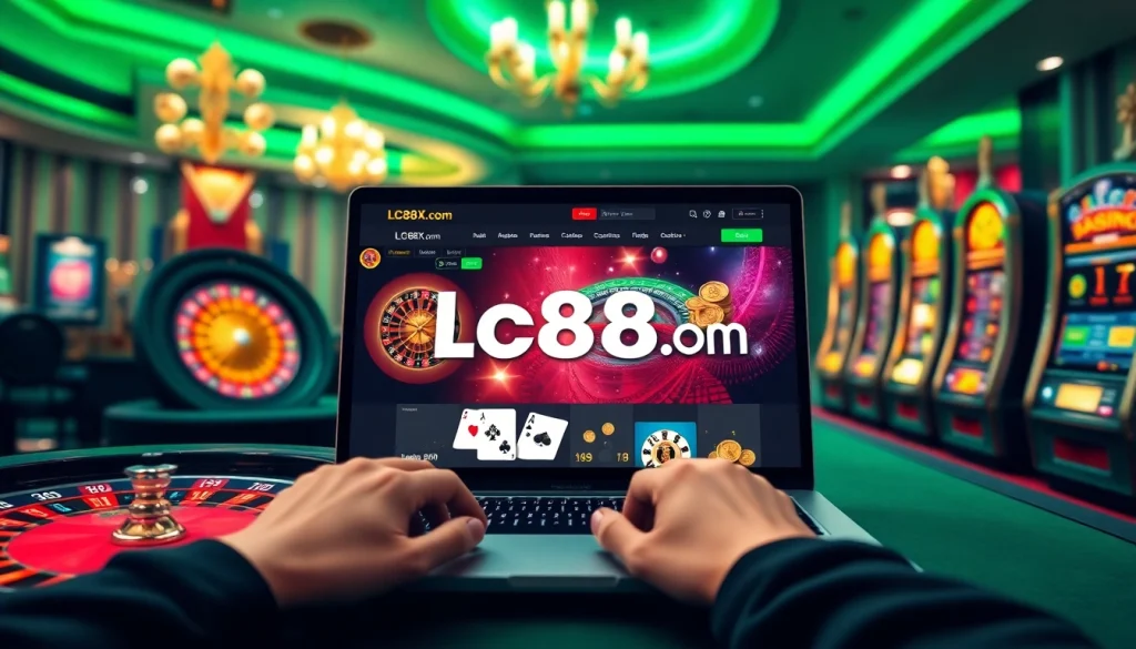 Engaging players on Lc88x.com at an upscale casino table with vibrant slot machines.