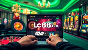 Engaging players on Lc88x.com at an upscale casino table with vibrant slot machines.
