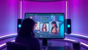 AI sex chatbot interface showcasing engaging character interactions in a futuristic setting.