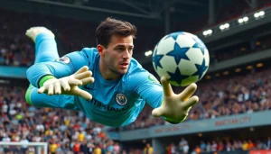 แมนซิตี้ ผู้รักษาประตูฟุตบอลในกิริยาที่กระตือรือร้น ขณะกระโดดเพื่อป้องกันบอล