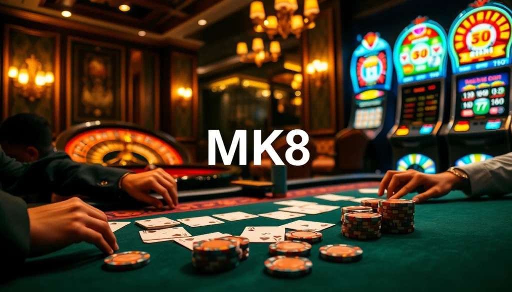 Engaging MK8 players at a luxurious casino table, highlighting a vibrant poker game.