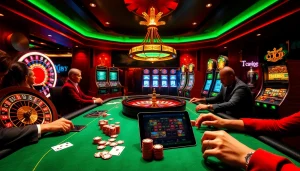 Exciting poker action at the top club casino with vibrant tables and lively players.