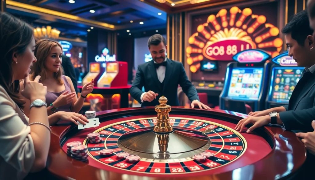 Players engaging at a GO88-themed roulette table, showcasing excitement in a luxurious casino.
