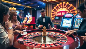 Players engaging at a GO88-themed roulette table, showcasing excitement in a luxurious casino.