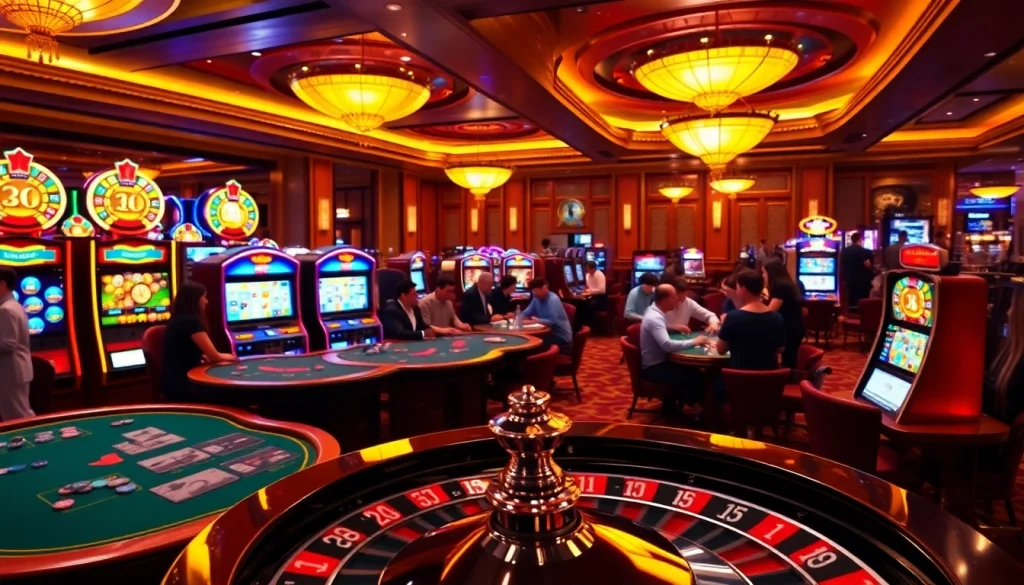 Engaged players enjoying the vibrant atmosphere at Gg88 Com casino with poker tables and slot machines.
