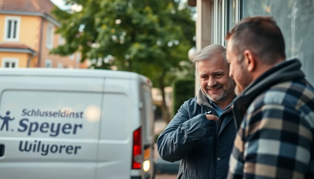 Professioneller Schlüsseldienst von Schlüsseldienst Speyer hilft einem Kunden, eine Tür mit fortschrittlichen Werkzeugen in einer städtischen Umgebung zu öffnen.