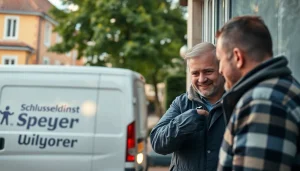 Professioneller Schlüsseldienst von Schlüsseldienst Speyer hilft einem Kunden, eine Tür mit fortschrittlichen Werkzeugen in einer städtischen Umgebung zu öffnen.