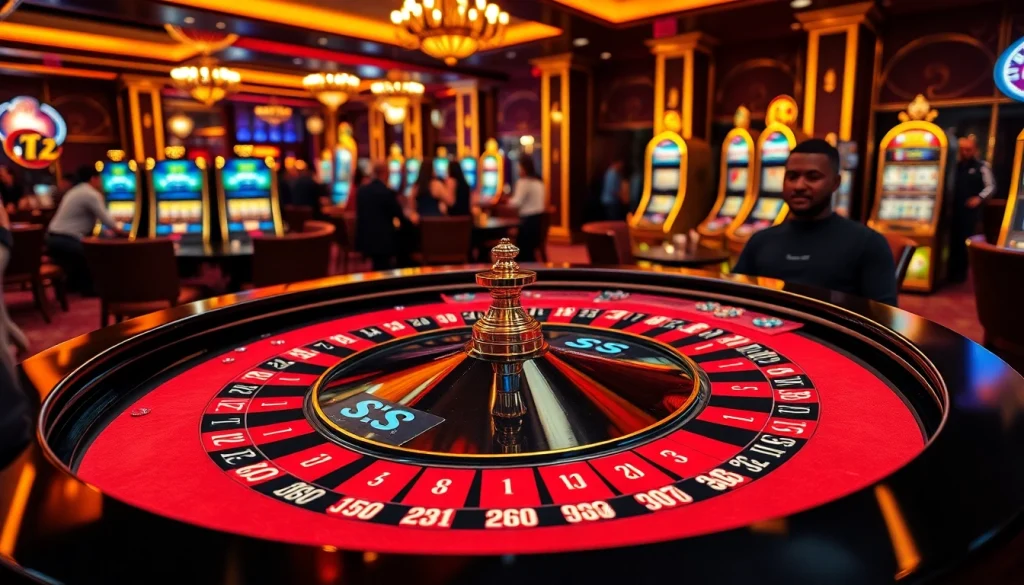 S8 logo featured prominently on an elegant roulette table amidst a vibrant casino scene.