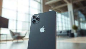 El iPhone 17 Air iluminado con su diseño delgado y elegante sobre un fondo moderno.