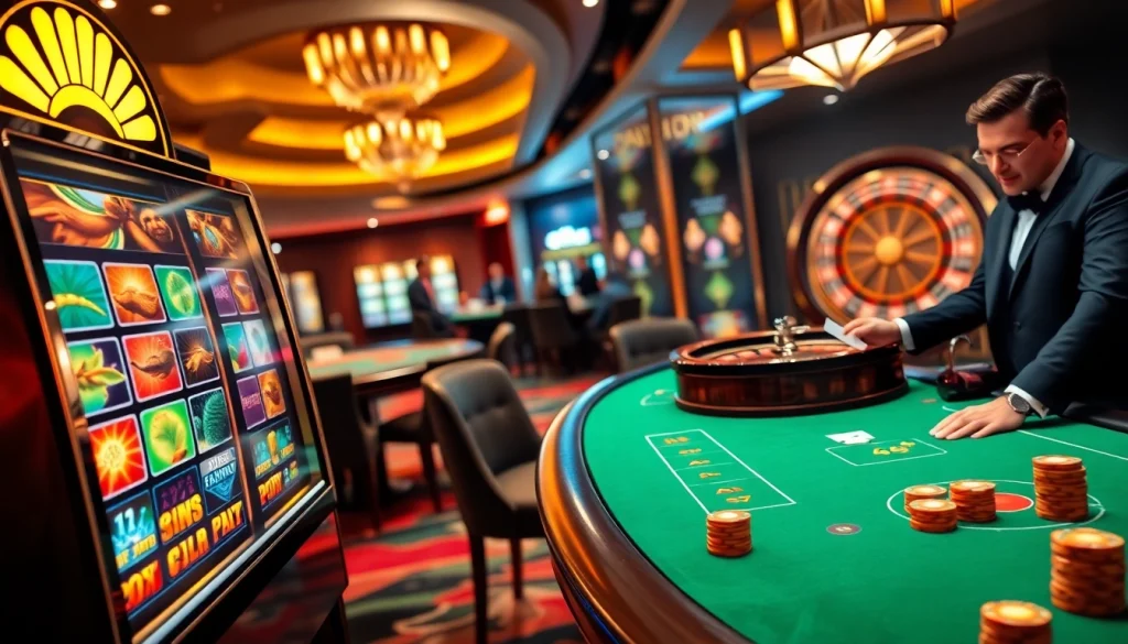 Players engaging in thrilling games at thabet.com casino, with vibrant slot machines and card tables.