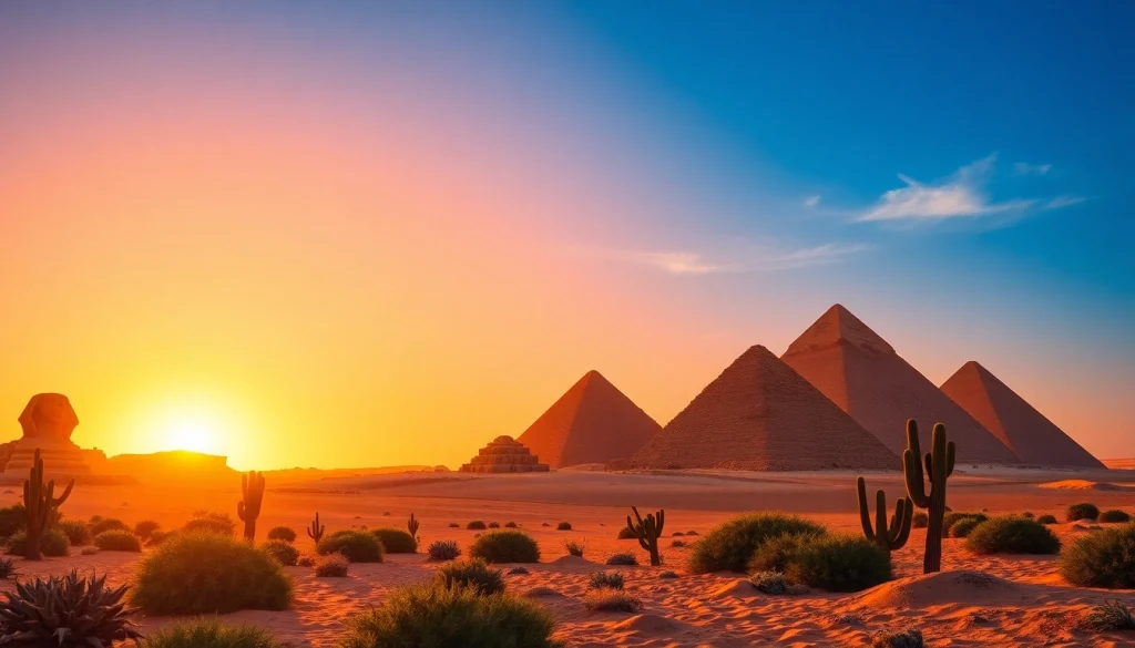 Captivating view of piraminds at sunset illuminating the Egyptian pyramids.