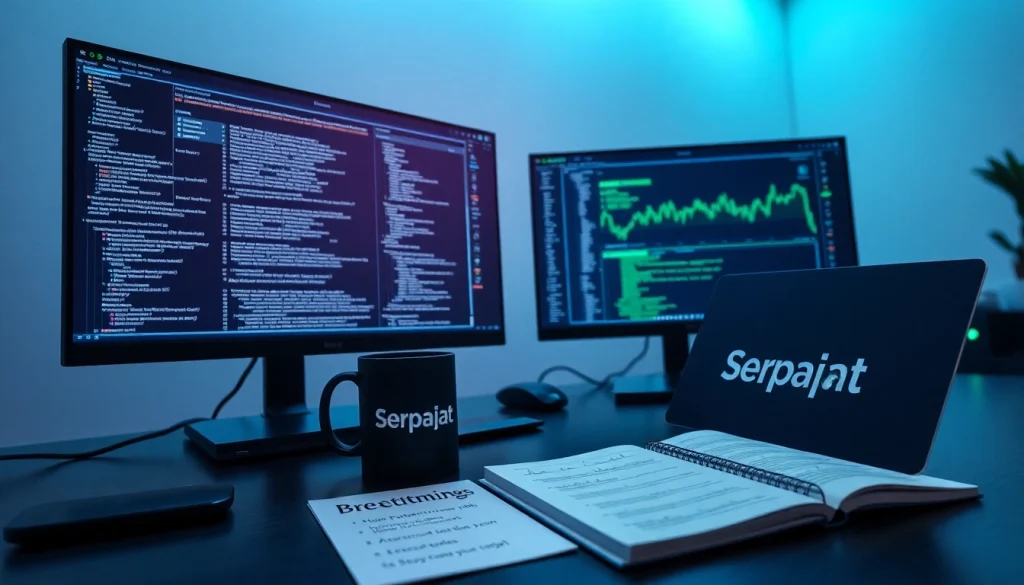 software engineering workspace with dual monitors displaying code and financial charts
