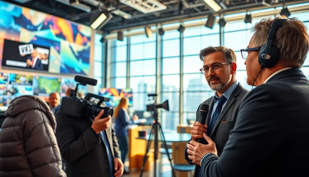 Journalist at https://www.thedailynewsonline.com interviewing in a vibrant newsroom.