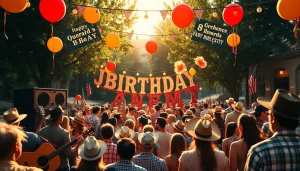 Vibrant outdoor celebration for Johnny Cash's legacy at johnnycashbirthday.com with lively crowd and festive decorations.