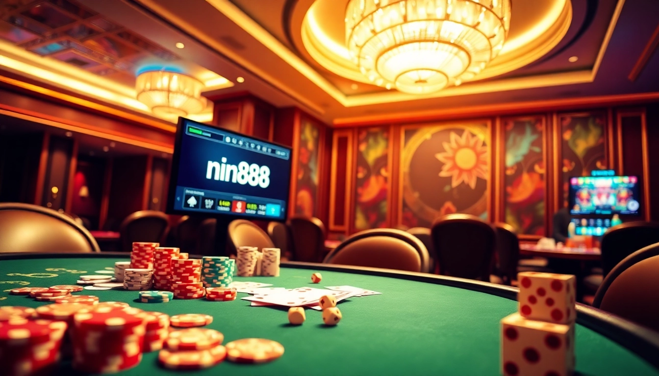 Experience the excitement of nn88 with vibrant poker chips and cards in a luxurious casino setting.