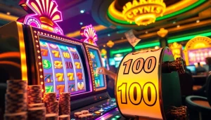 Adegan kemenangan mesin slot yang menakjubkan yang menampilkan taruhan slot 100 dengan lampu-lampu cerah dan pemain bersemangat di kasino mewah.