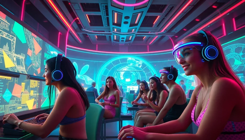 Engaging scene showcasing players immersed in AI-driven porn games in a vibrant, futuristic landscape.