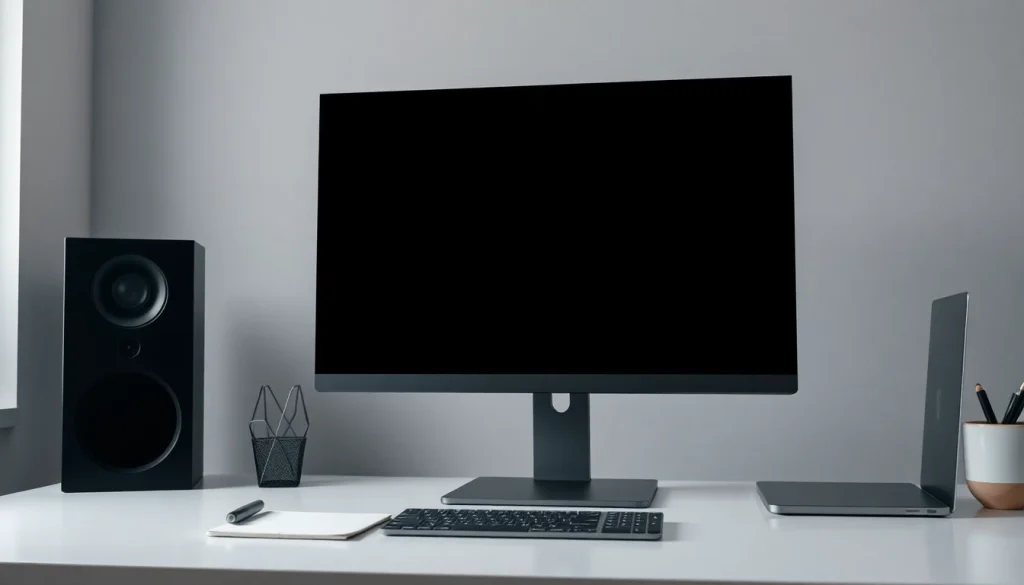 Full black screen on a sleek monitor in a minimalist workspace promoting focus and digital clarity.