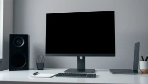 Full black screen on a sleek monitor in a minimalist workspace promoting focus and digital clarity.