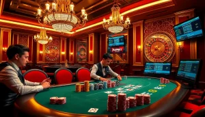 Experience the excitement of betting at 7upbet with engaged players, poker chips, and a spinning roulette wheel.