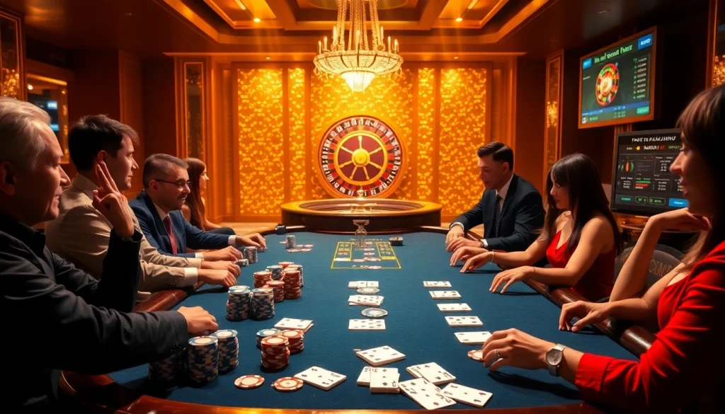Players enjoying a stylish poker game at https://lc88.jpn.com/ with vibrant chips and casino elements.