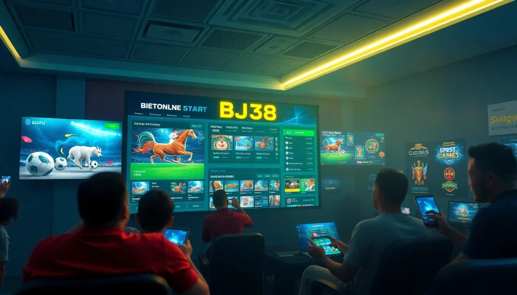 BJ38 online gaming platform showcasing live cockfighting and sports betting interface with engaging graphics.