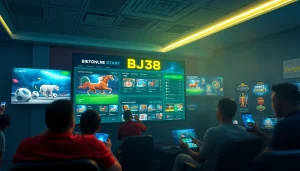 BJ38 online gaming platform showcasing live cockfighting and sports betting interface with engaging graphics.