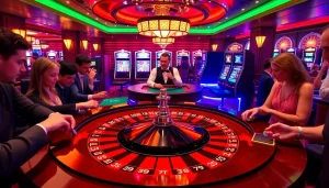 Exciting MK8 betting scene at a luxurious casino with roulette and slot machines.