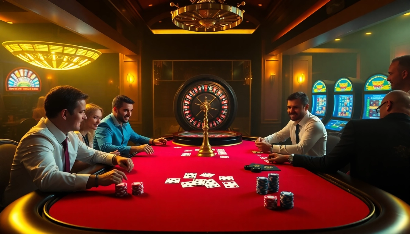 Atmosphère excitante aux meilleurs casino en ligne avec des joueurs autour d'une table de poker, des jetons vibrants et des cartes.