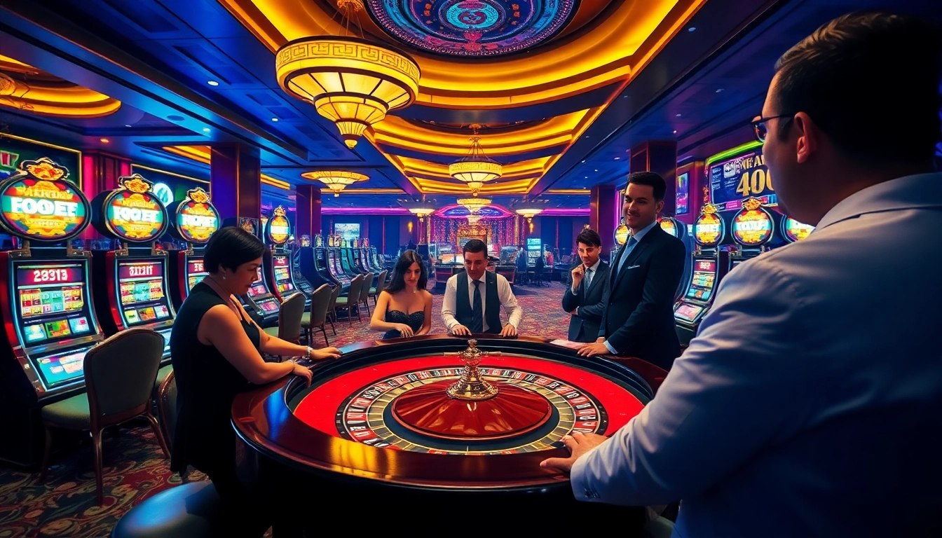 Players engaging in intense gambling at a GO88 casino table surrounded by vibrant slot machines.