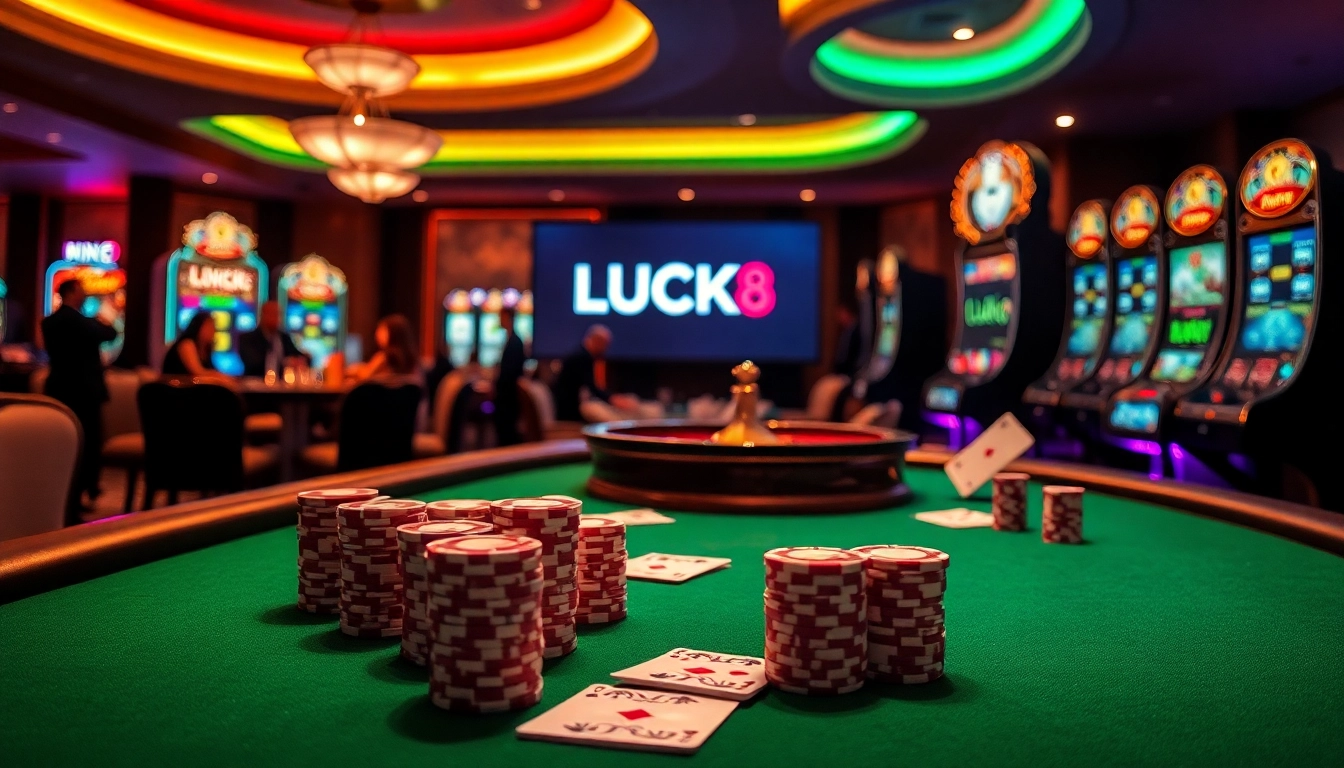 Winning excitement at a casino table with LUCK8 branding, showcasing poker chips and a roulette wheel.