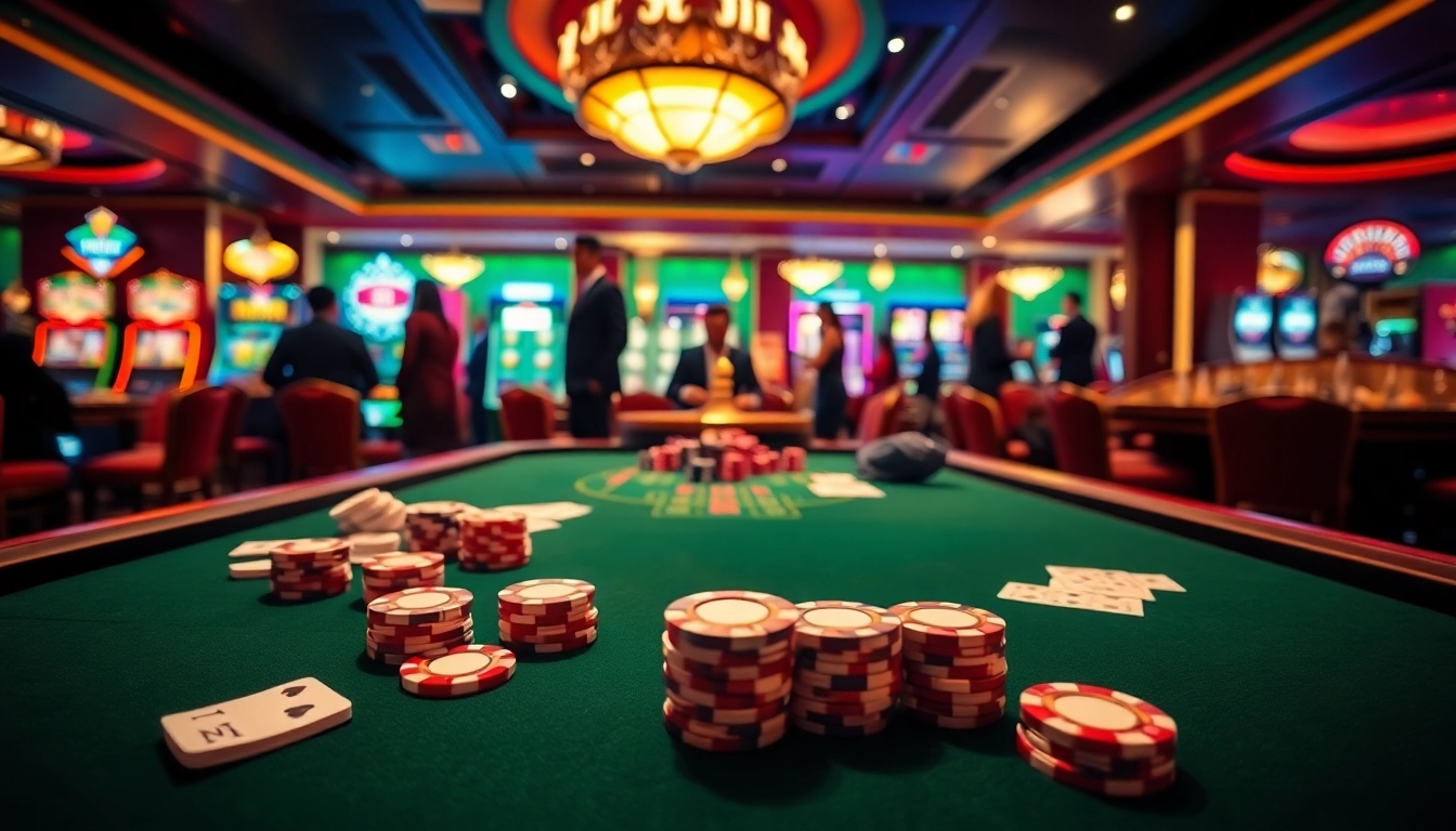 Experience the excitement of 777VIP at a luxurious casino with elegant poker tables and vibrant slot machines.
