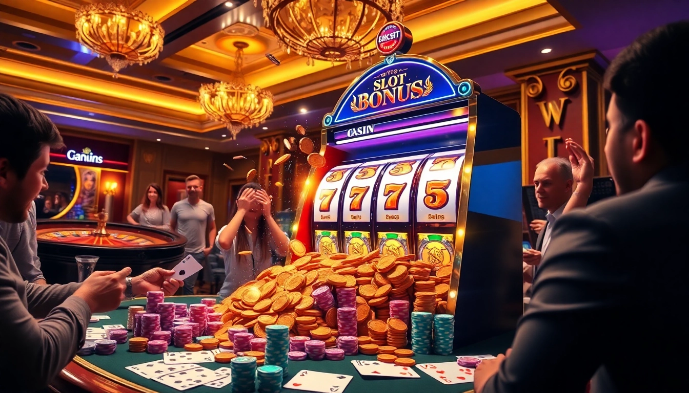 Pemain menikmati bonus slot yang mendebarkan di atmosfer kasino yang hidup dengan mesin slot berwarna-warni.