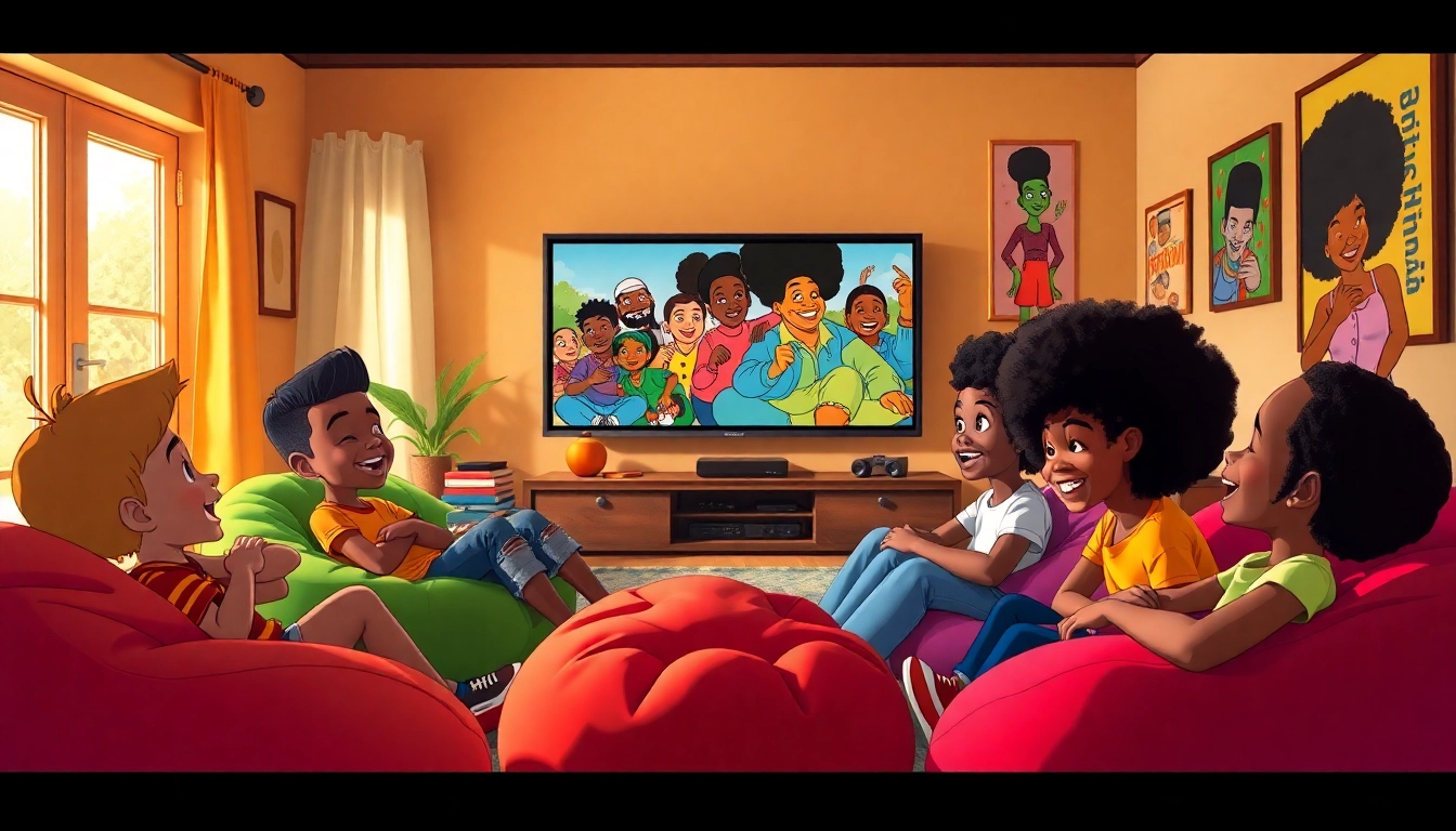 A group of children enjoying African American Cartoons like The Boondocks and The Proud Family in a colorful living room.