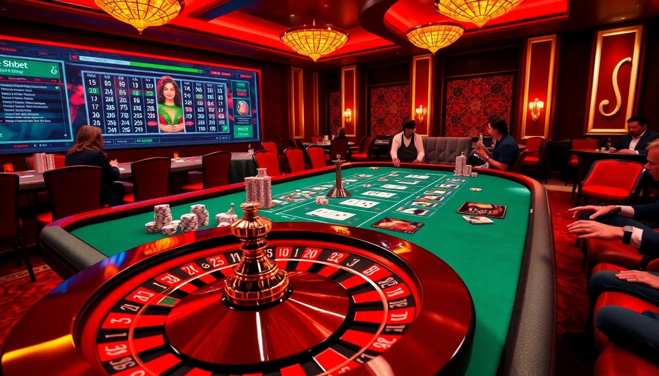 Shbet gaming experience with poker chips and roulette in a luxurious casino setting.