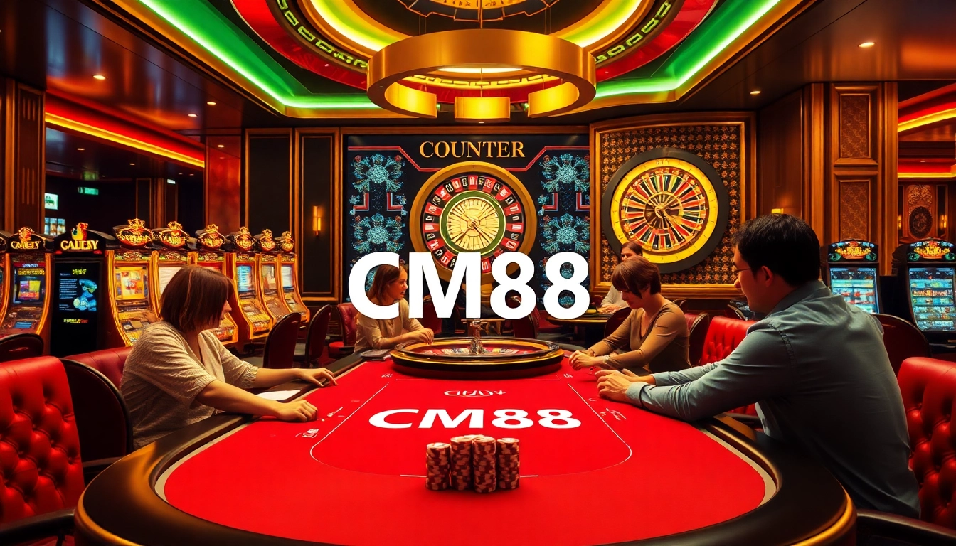 Players enjoying a poker game in a luxurious casino, featuring CM88 design elements.