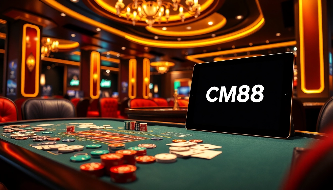 Experience the thrilling gaming atmosphere at CM88 casino with vibrant poker chips and cards.