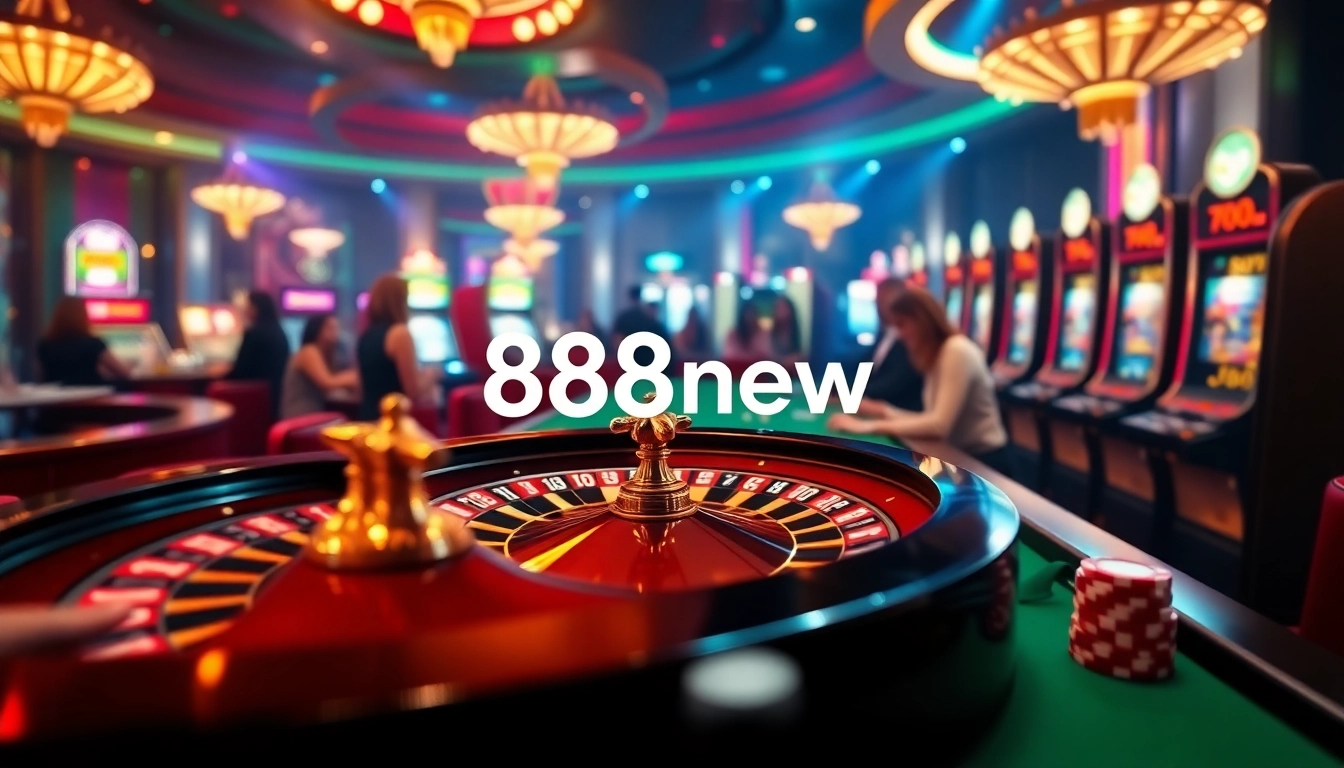Experience the excitement of 888new with vibrant casino visuals featuring roulette wheels and poker games.
