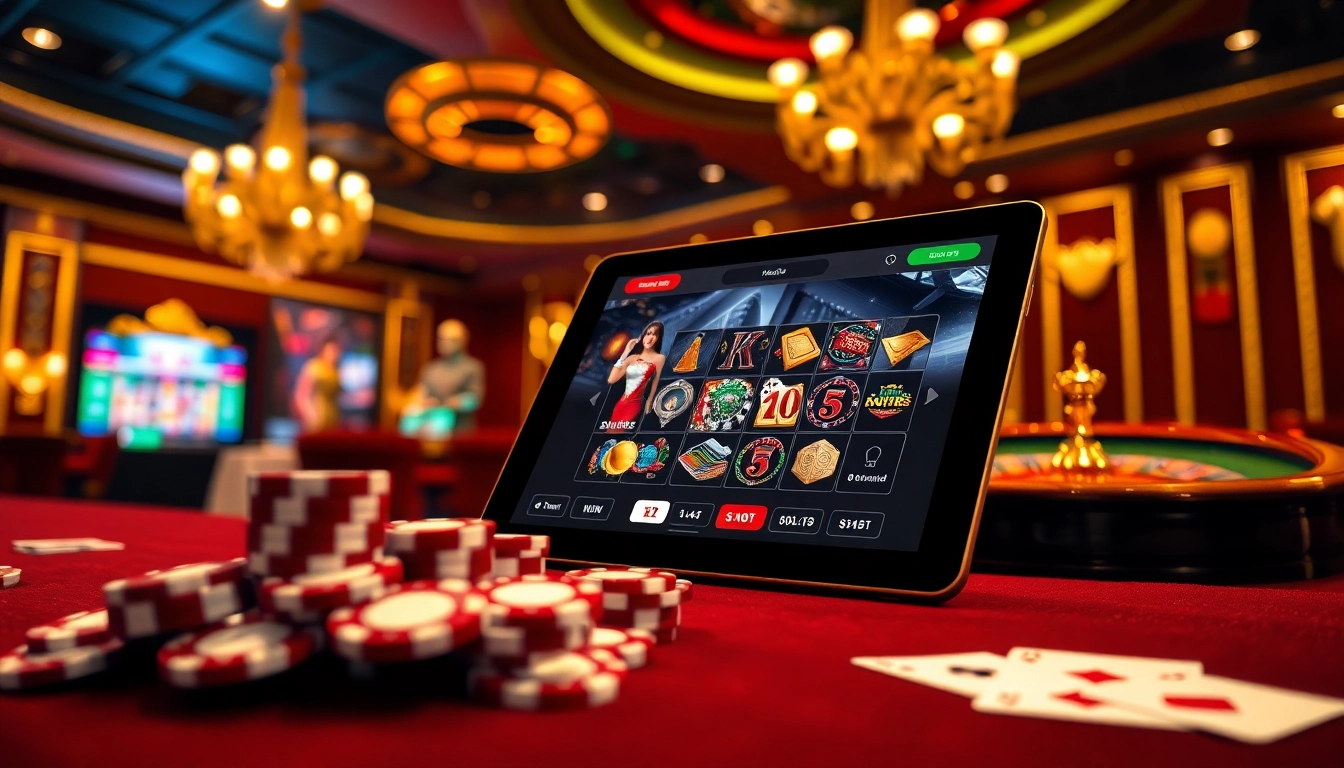 Experience exhilarating online gaming with link thabet showcasing vibrant poker chips and casino games.