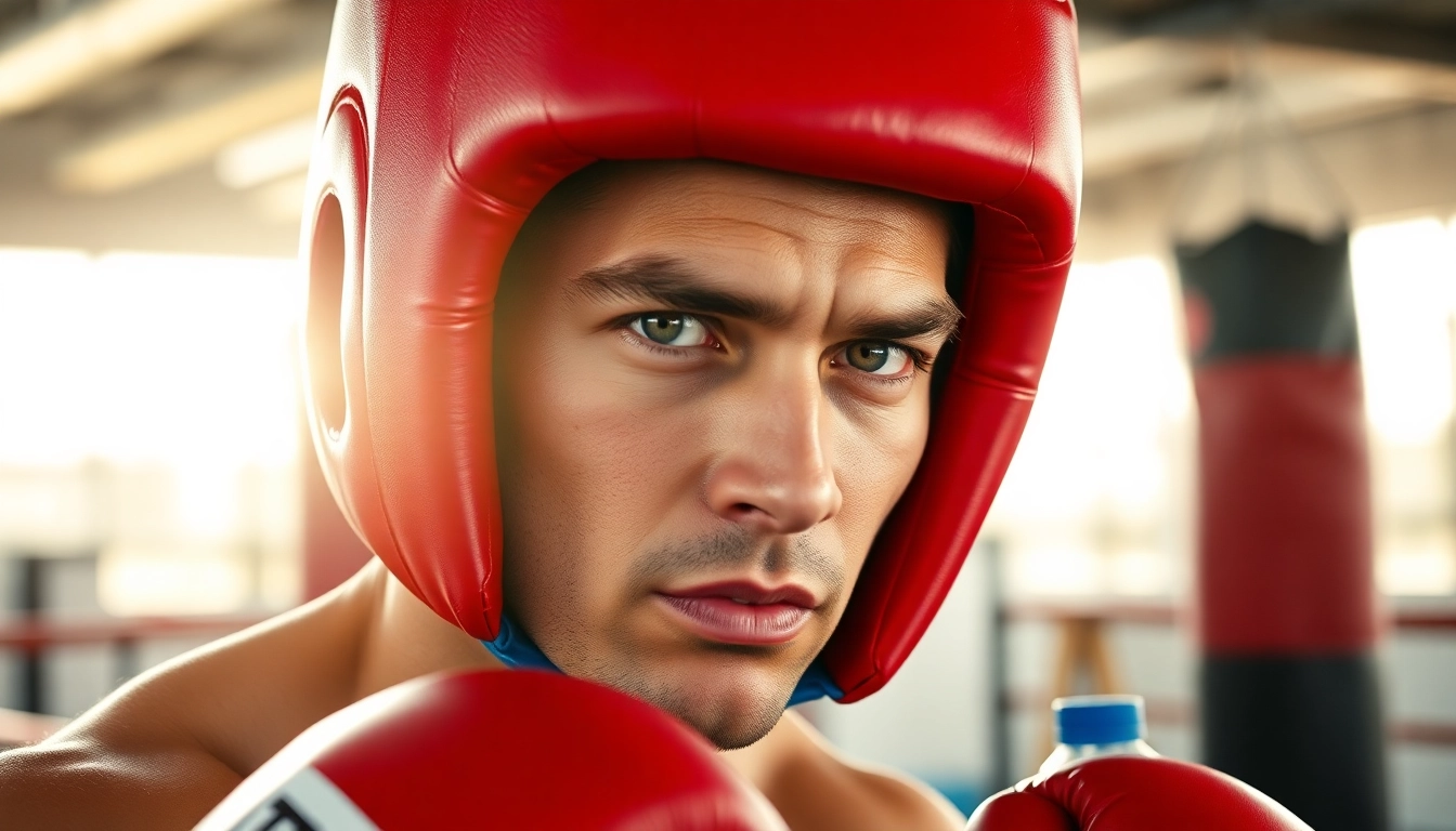 Erleben Sie headgear boxing in Aktion, während ein Boxer mit hochwertigem Kopfschutz im Training ist.