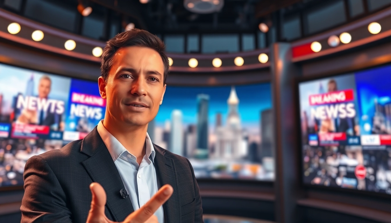 Engaging news anchor delivering the latest news updates in a dynamic studio.
