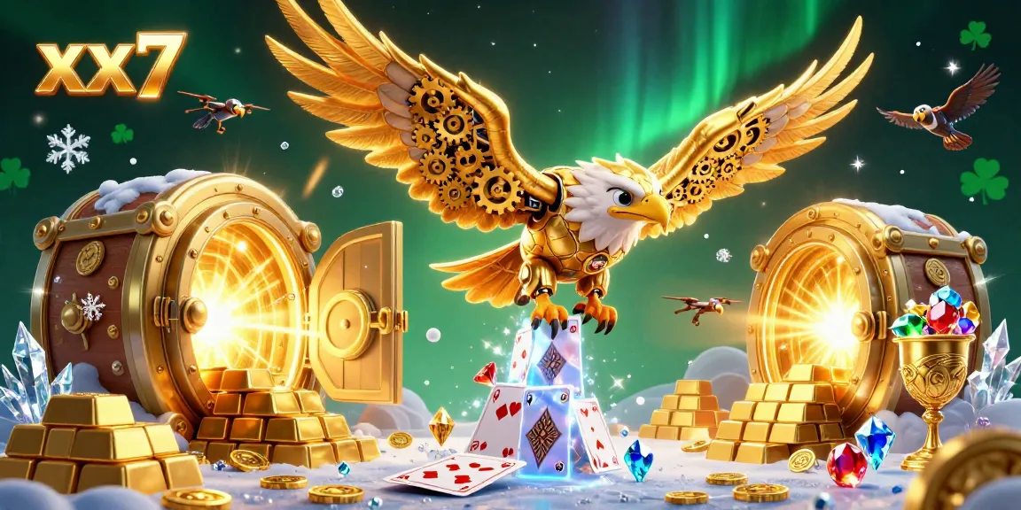 Experience thrilling gameplay with the xx7 golden eagle soaring through a vivid casino scene filled with treasures.