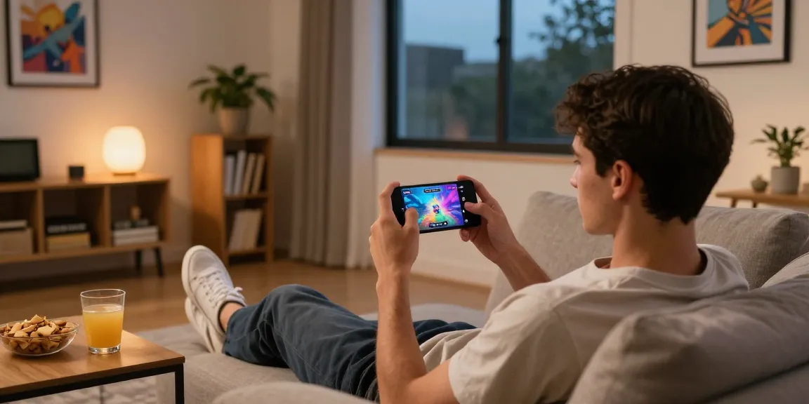 Engaging scene of a gamer playing mobile hentai games in a cozy living room.